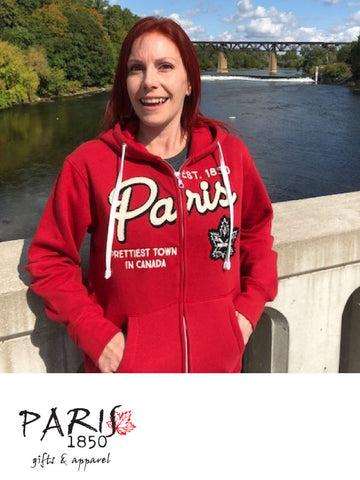 Paris 1850 - Ladies Full Zip Hoody, "Prettiest Town in Canada"- Red